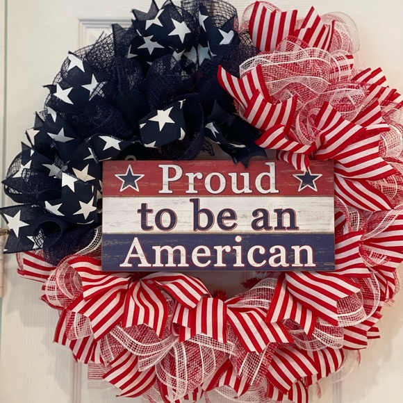 Patriotic WREATH “PROUD TO BE AN AMERICAN” Red,White & Blue 24” Memorial Day 7/4 - Picture 1 of 9